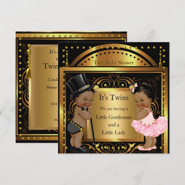 Twin Baby Shower Boy and Girl Gold Ethnic Einladung (Vorne/Hinten)