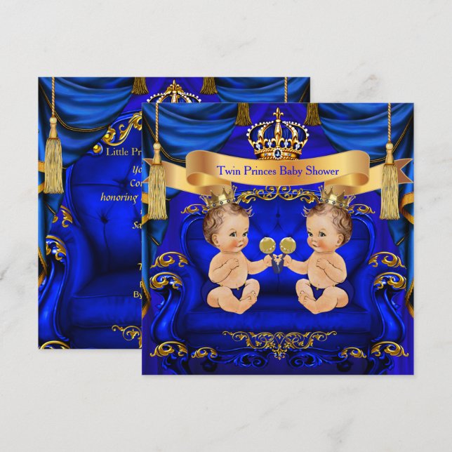 Twin Baby Shower Boy Prince Blue Gold Einladung (Vorne/Hinten)