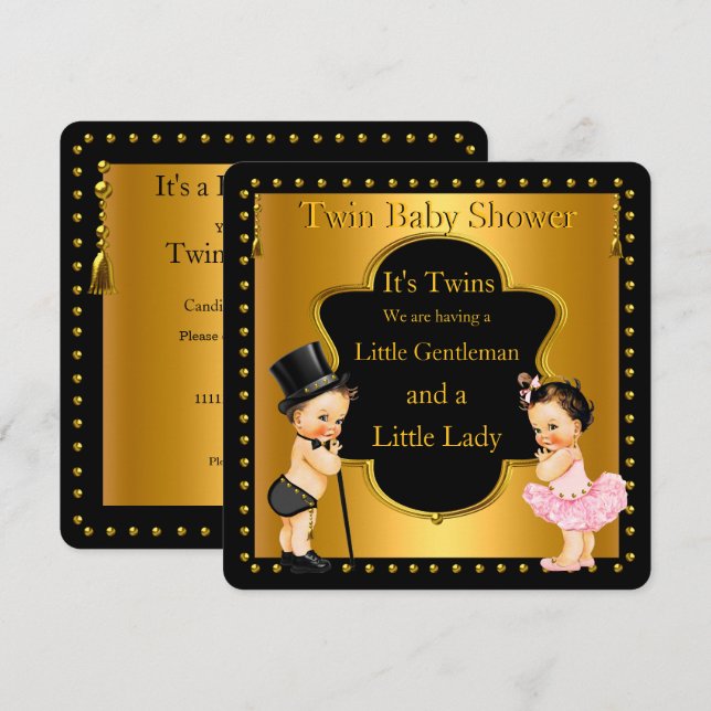 Twin Baby Shower Boy und Girl Lt Brünett Einladung (Vorne/Hinten)
