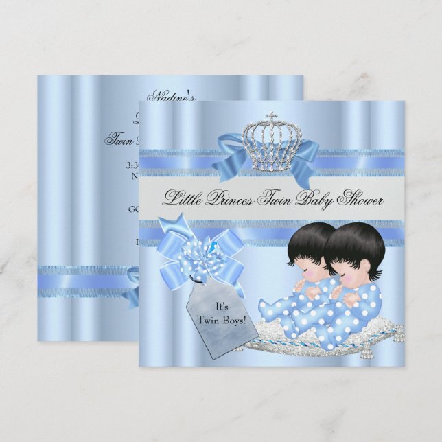 Twin Baby Shower Boys Blue Little Prince Crown 3C Einladung (Vorne/Hinten)