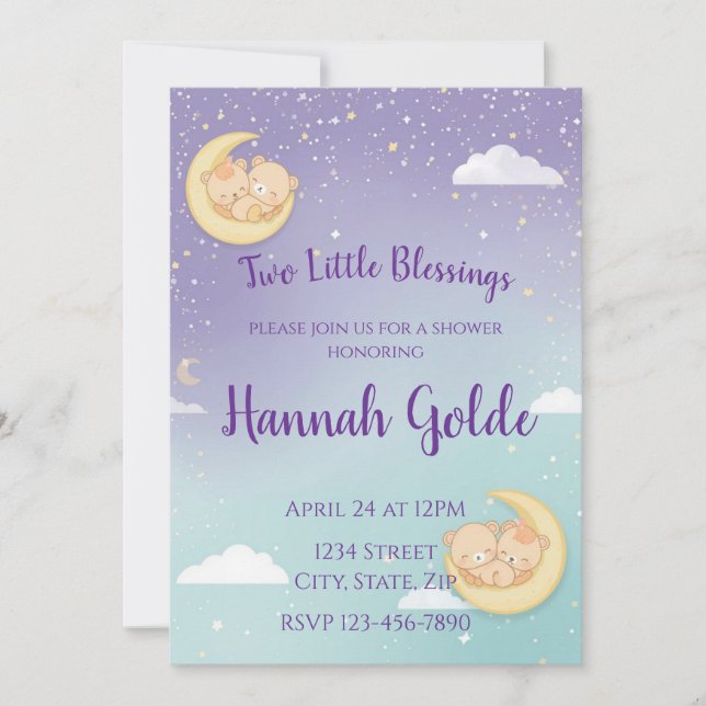 Twin Baby Shower Invitation Sleeping Animals Moon Einladung (Vorderseite)