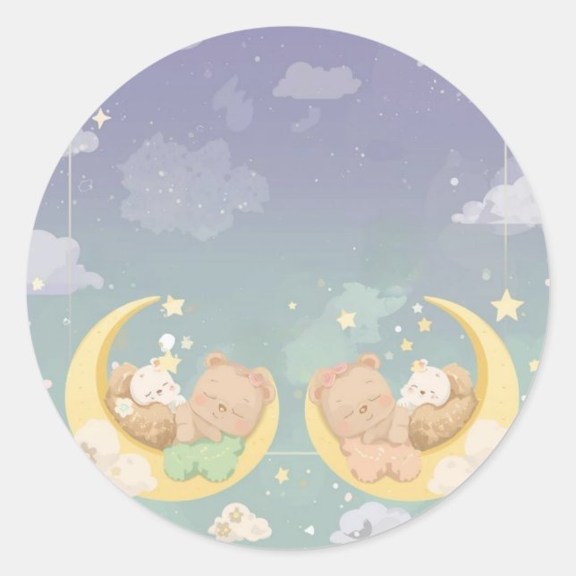 Twin Baby Shower Sticker Sleeping Animals Moon (Vorderseite)