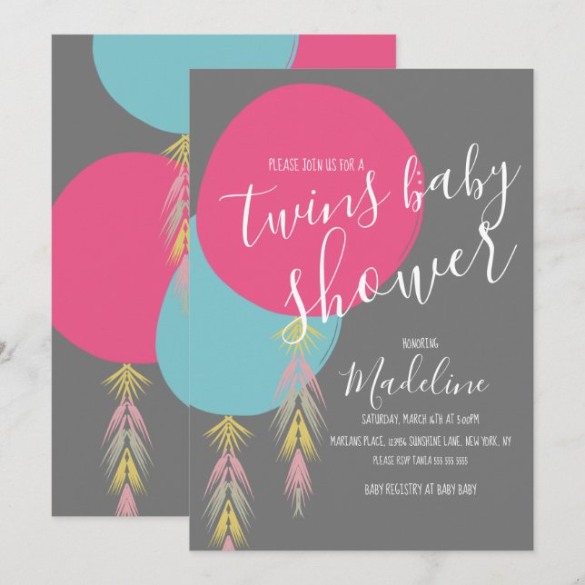 Twin Baby Shower Tassel Boho Ballon Einladung (Vorne/Hinten)