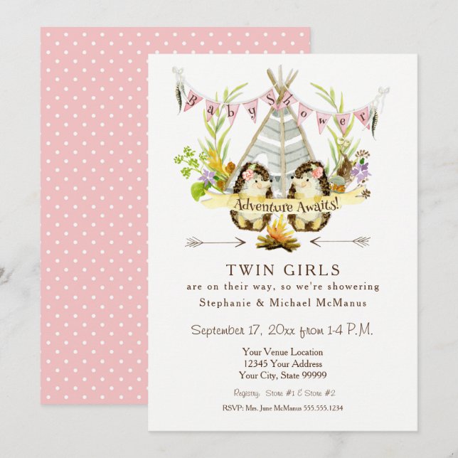 Twin Baby Shower Woodland Animal Teepe Igel Einladung (Vorne/Hinten)