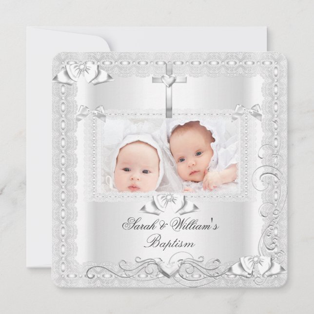 Twin Baby Taufe Girl Boy Christening White Lace Ankündigung (Vorderseite)