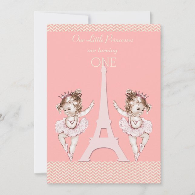 Twin Ballerinas Eiffel Tower Chevrons 1. Geburtsta Einladung (Vorderseite)