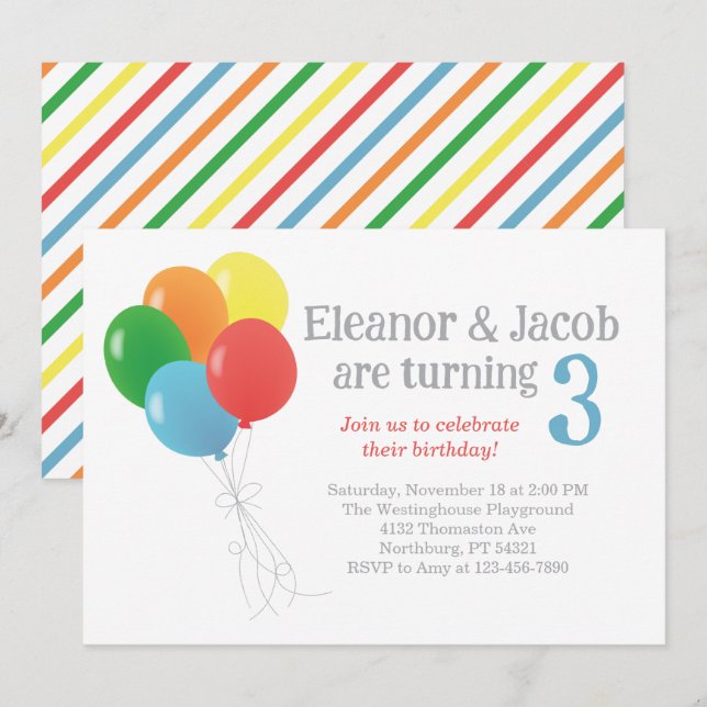 Twin Balloon Birthday Einladung zum klassischen Pa (Vorne/Hinten)