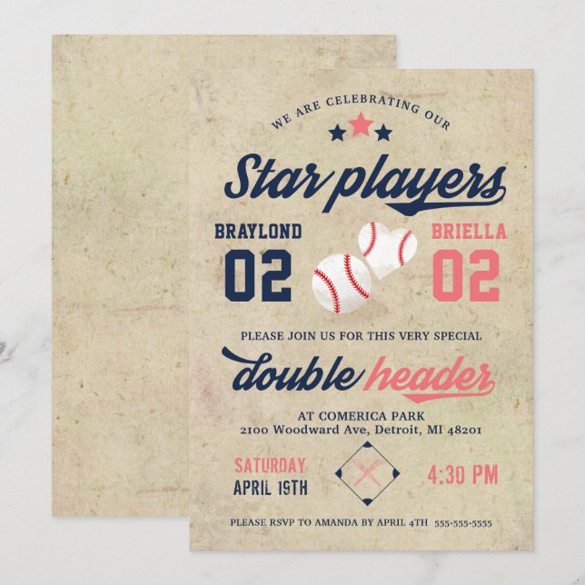 Twin Baseball Birthday Invitation Boy Girl Einladung (Vorne/Hinten)