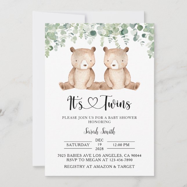Twin Bears Baby Shower Invitations (Devant)