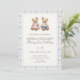 Twin Beary First Birthday Teddy Bear Plaid Einladung