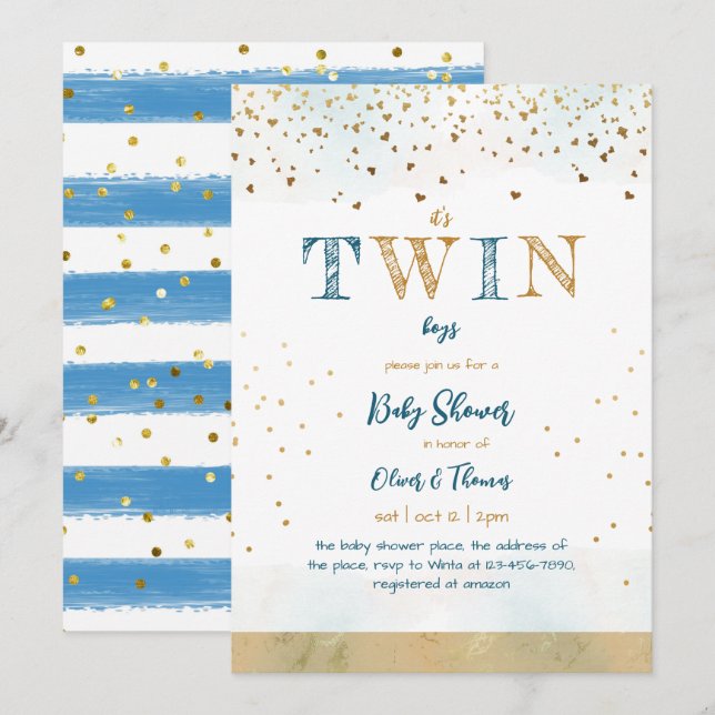 Twin Blue Gold Glitzer Simple Baby Boy Dusche Einladung (Vorne/Hinten)
