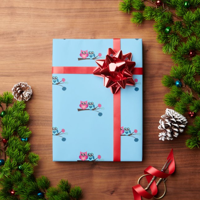 Twin Blue und Pink Owls Geschenkpapier (Feiertagsgeschenk)
