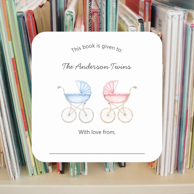 Twin boy and girl Baby Shower bookplate Quadratischer Aufkleber (Von Creator hochgeladen)