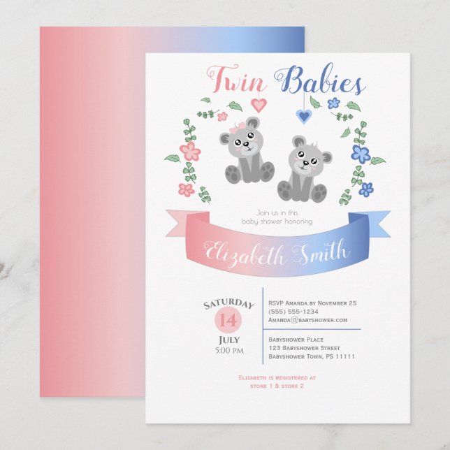 Twin boy and girl Cute bear babyshower Einladung (Vorne/Hinten)
