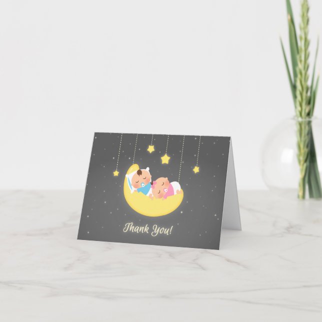 Twin Boy and Girl on Moon Baby Danke Karte (Vorderseite)