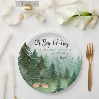 Twin Boy Deer Woodland Round Baby Dusche Pappteller