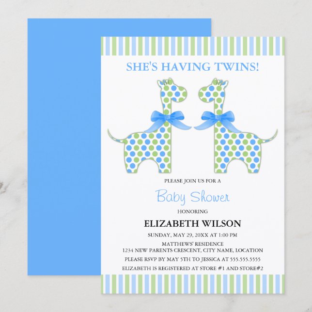 Twin Boy Giraffe Babydusche Einladung (Vorne/Hinten)