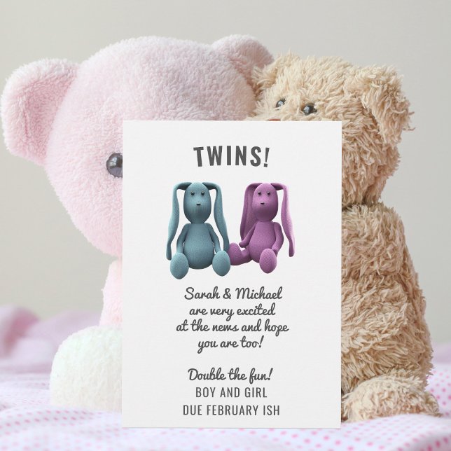 Twin Boy Girl Bunny Grossesse Faire-part (Twins! Share the news with this fun bunny themed pregnancy announcement. Just add your details!)