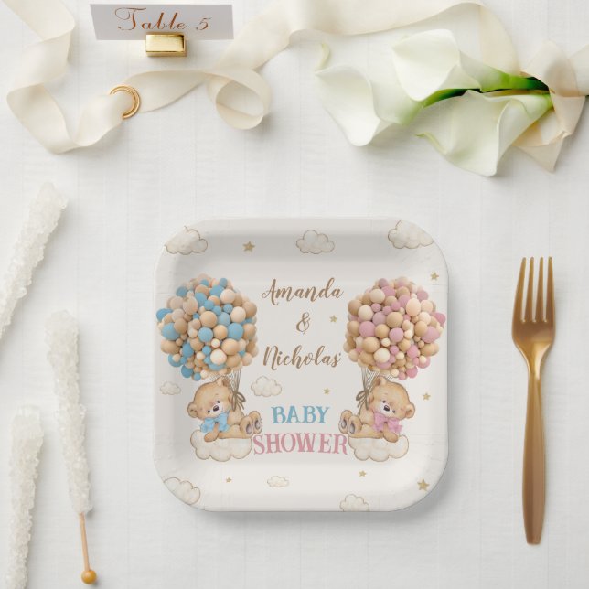 Twin Boy Girl Dusche Niedliche Bären Pink Blue Pappteller (Hochzeit)