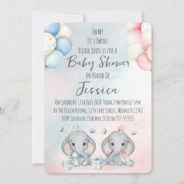Twin Boy & Girl Elephant  Baby Shower Invitation Einladung