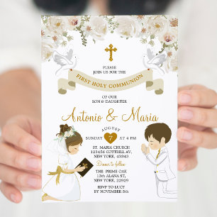 Twin Boy & Girl Praying Blume 1. Heilige Kommunion Einladung