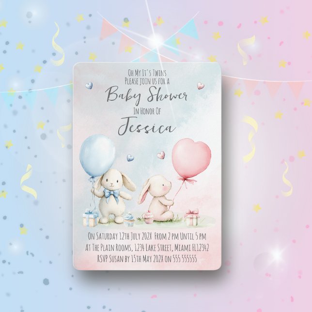 Twin Boy & Girl Rabbit Baby Shower Invitation Einladung (Von Creator hochgeladen)