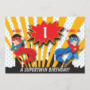 Twin Boy Girl Superhero Birthday Einladung