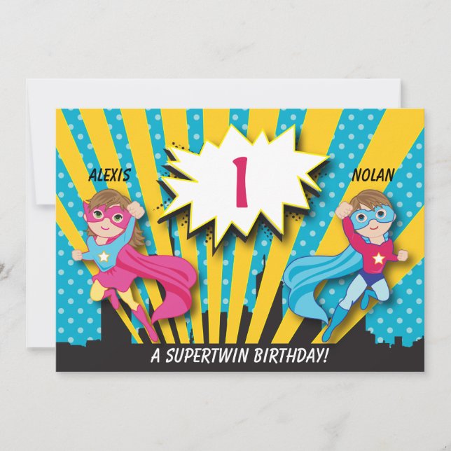 Twin Boy Girl Superhero Invitation d'anniversaire (Devant)