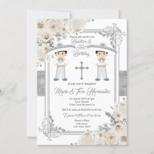 Twin Boy Silver mexikanische Taufe Geburtstag Blum Einladung