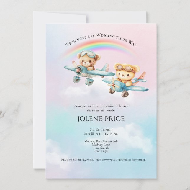 Twin Boy Teddies Baby shower Invitation (Devant)