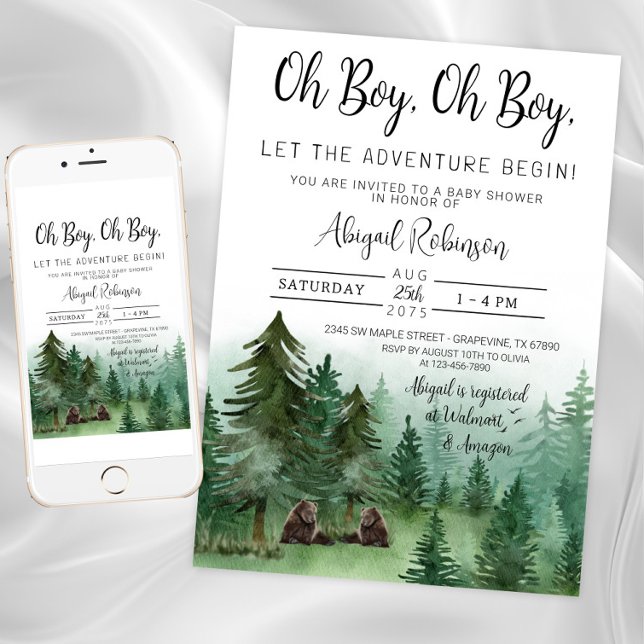 Twin Boy Woodland Bear Oh Boy Baby Showküche Einladung (Twin boy baby woodland deer shower invitation. Instant download and printed invitations available.)