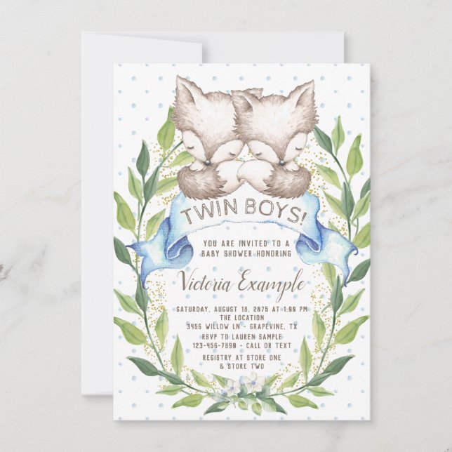 Twin Boy Woodland Fox Baby Shower Invitations (Devant)