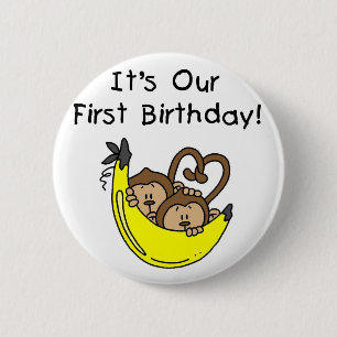 Twin Boys 1st Birthday Monkey Tshirts und Geschenk Button