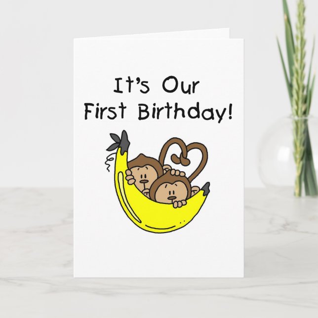 Twin Boys 1st Birthday Monkey Tshirts und Geschenk Karte (Vorderseite)