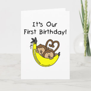 Twin Boys 1st Birthday Monkey Tshirts und Geschenk Karte