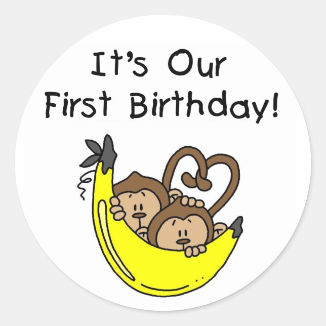 Twin Boys 1st Birthday Monkey Tshirts und Geschenk Runder Aufkleber (Vorderseite)