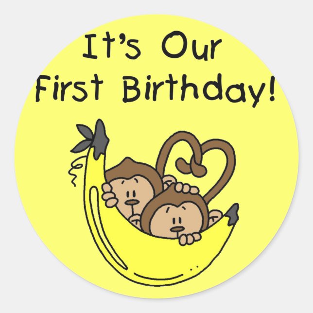 Twin Boys 1st Birthday Monkey Tshirts und Geschenk Runder Aufkleber (Vorderseite)