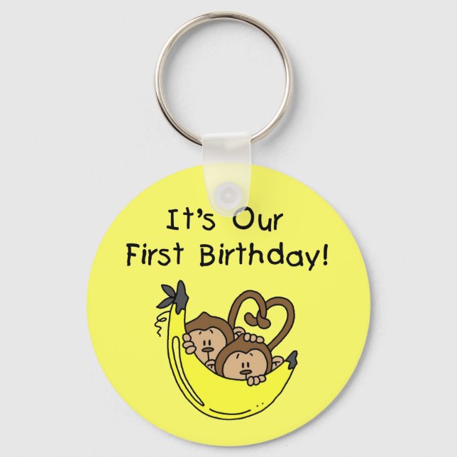 Twin Boys 1st Birthday Monkey Tshirts und Geschenk Schlüsselanhänger (Vorderseite)