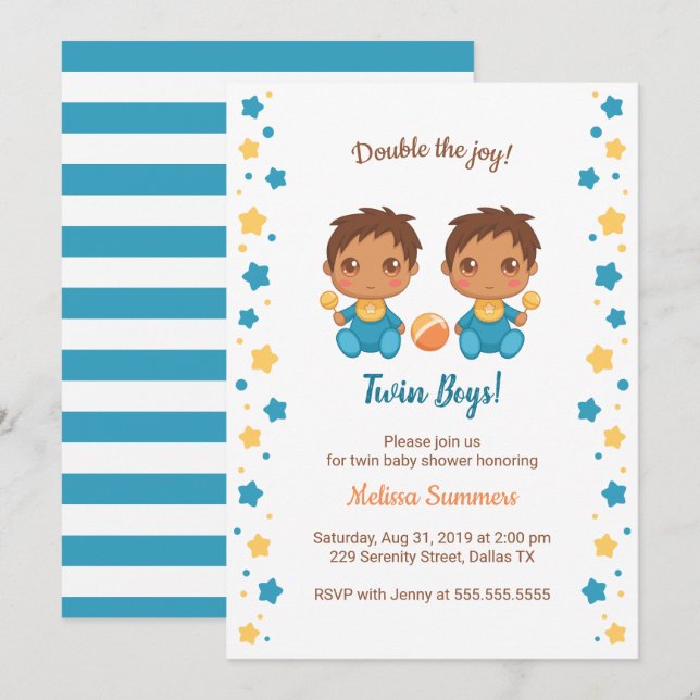 Twin Boys Babydusche 2 Einladung (Vorne/Hinten)