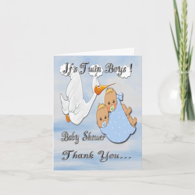 Twin Boys Blonde Stork Baby Dusche Danke Karte (Vorderseite)