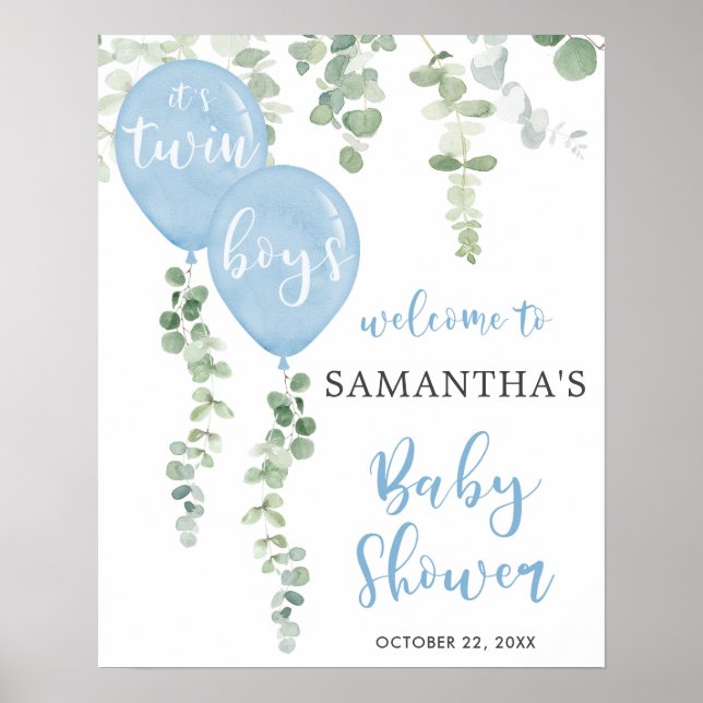 Twin boys Blue Ballon Baby Dusche Begrüßungszeiche Poster (Vorne)