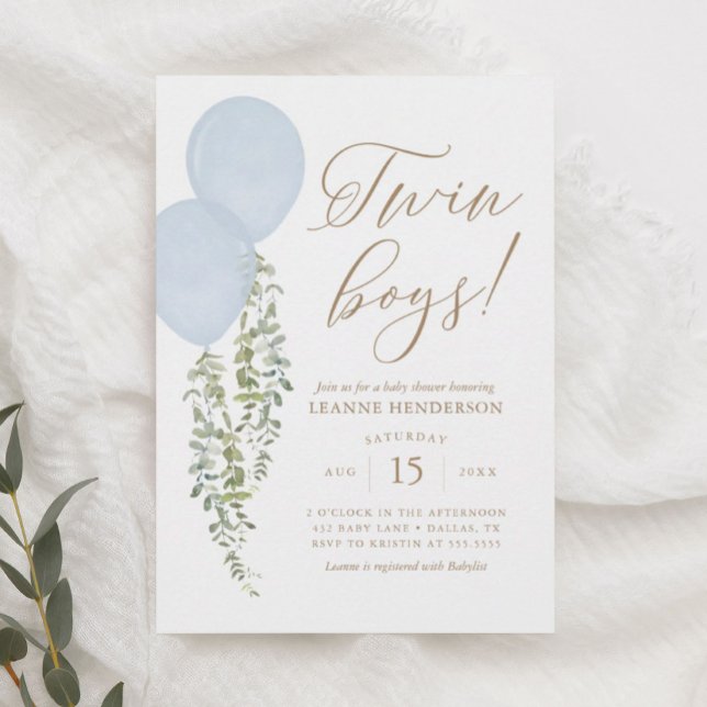 Twin Boys Blue Balloon Eucalyptus Baby Showroom Einladung (Von Creator hochgeladen)