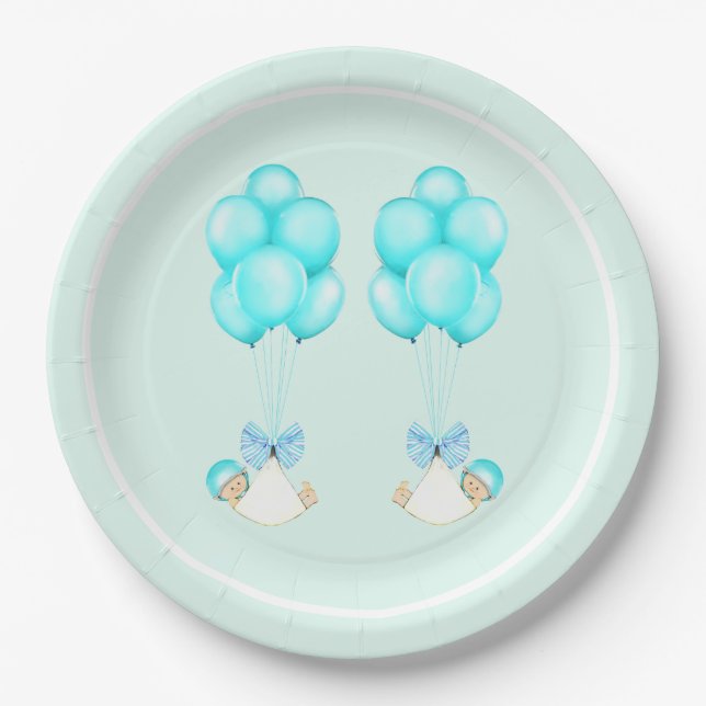 Twin Boys Blue Balloons Babydusche Pappteller (Vorderseite)