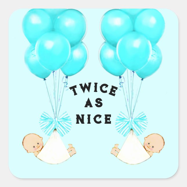 Twin Boys Blue Balloons Babydusche Quadratischer Aufkleber (Vorderseite)