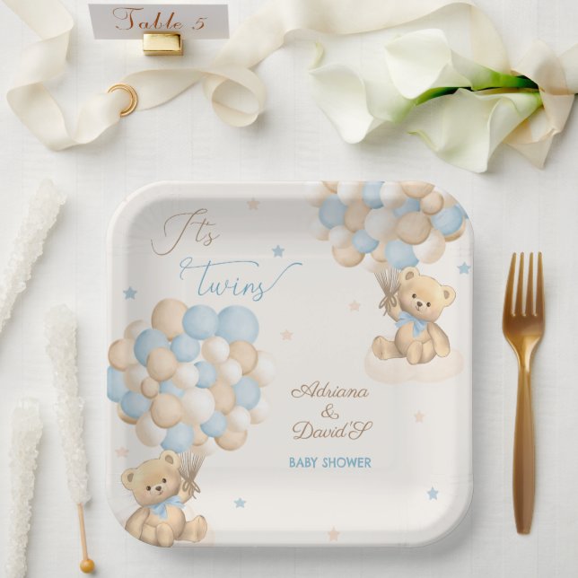 Twin Boys Blue Bear Balloons Baby Showroom Pappteller (Hochzeit)