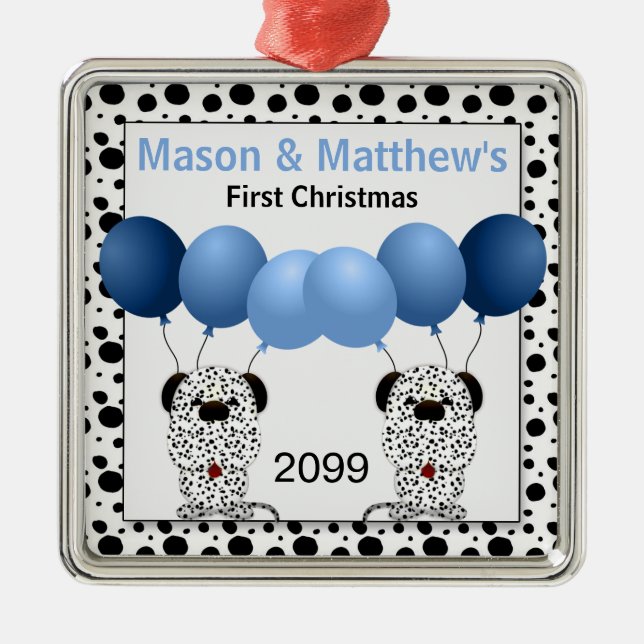 Twin Boys Blue First Christmas Dalmatiner Ornament Aus Metall (Vorne)
