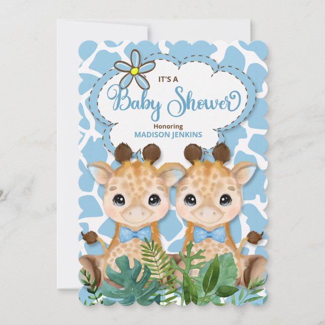 Twin Boys Blue Giraffe Jungle Baby Dusche Einladung (Vorderseite)