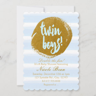 TWIN BOYS Blue & Gold Foil Aquarelle Invitation
