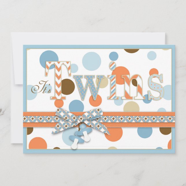 TWIN BOYS Blue Orange Brown Dots Baby Dusche Einladung (Vorderseite)