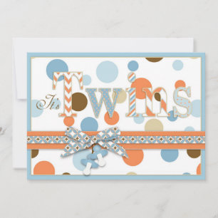 TWIN BOYS Blue Orange Brown Dots Baby Dusche Einladung